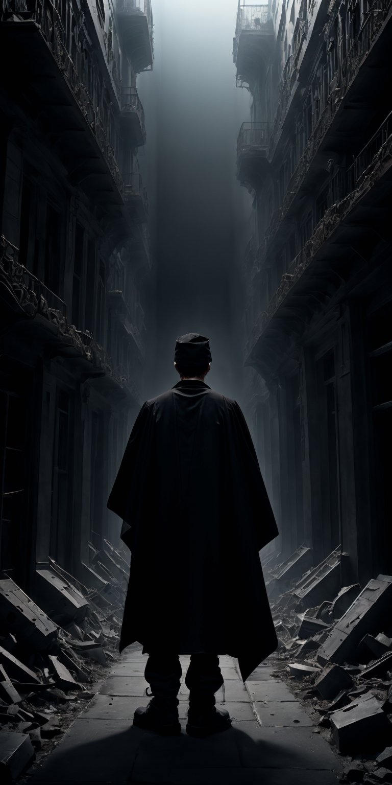 complex war background, A boy(his back to the viewer, pale, long brown hair, wearing a black cape on his head, black robes, black boots, dark horror movie, dynamic angle, setting.,hightech_robotics,DonMR3mn4nts 