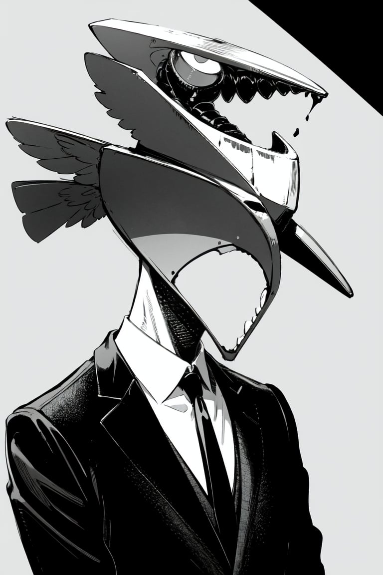 white ink lines as head, swallowing, scribbles, simple_background, shirt, 1boy, jacket, monochrome, upper_body, male_focus, collared_shirt,  formal, suit, object heads,  scribbles as head 