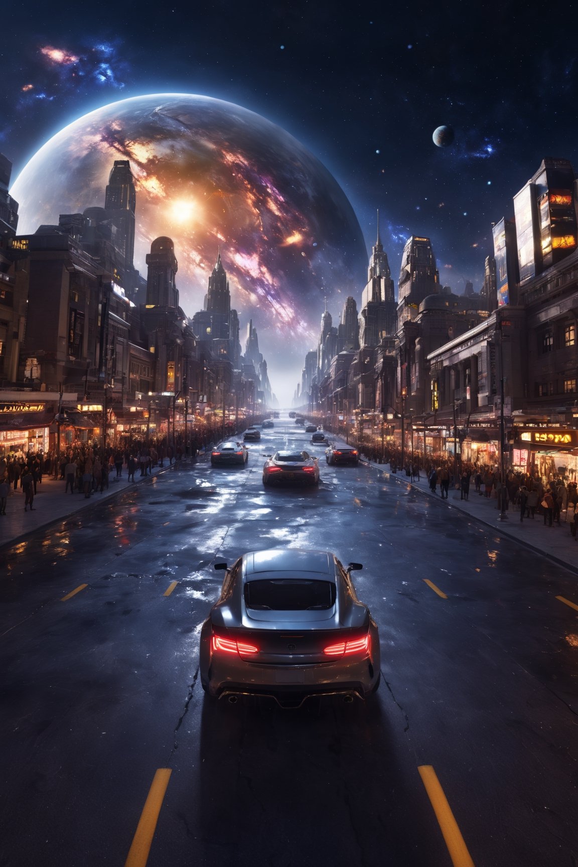 masterpiece,hyper Reality,ray-tracing, high-resolution, car, a street road in the middle of a crowded city, the sky is full of huge planet(, night, galaxy, cinematic view, cinematic angle, cinematic light,