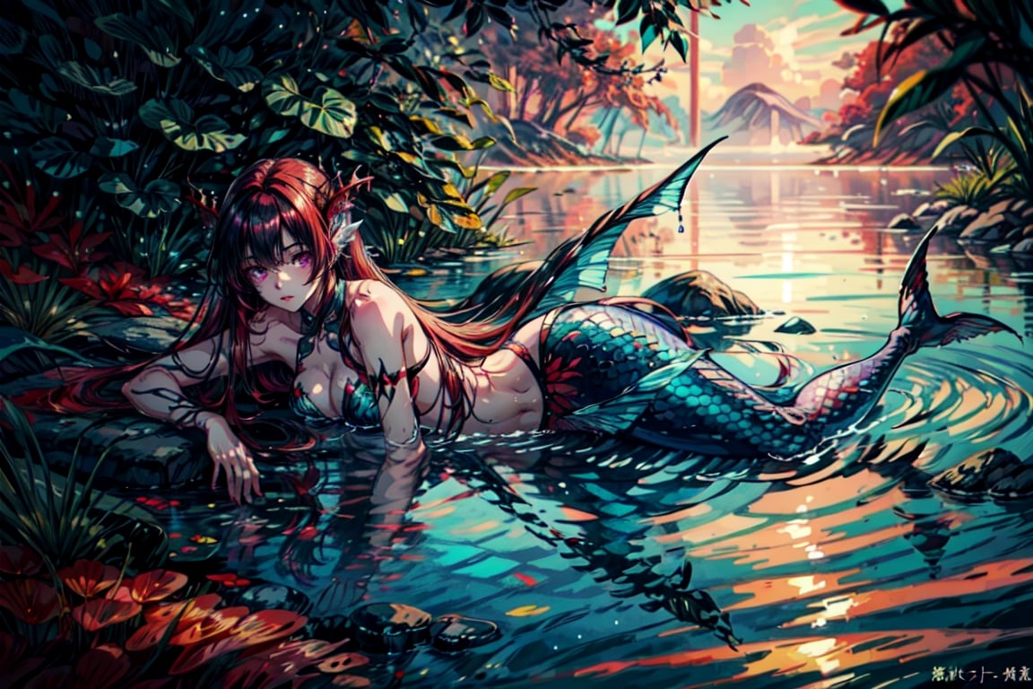  young female Chinese mermaid is depicted in anime style, with beautiful big aqua ear fin, fins on limbs, long red mermaid tail, purple eyes, red long hair, lying on a big rock in the middle of the sea,perfecteyes