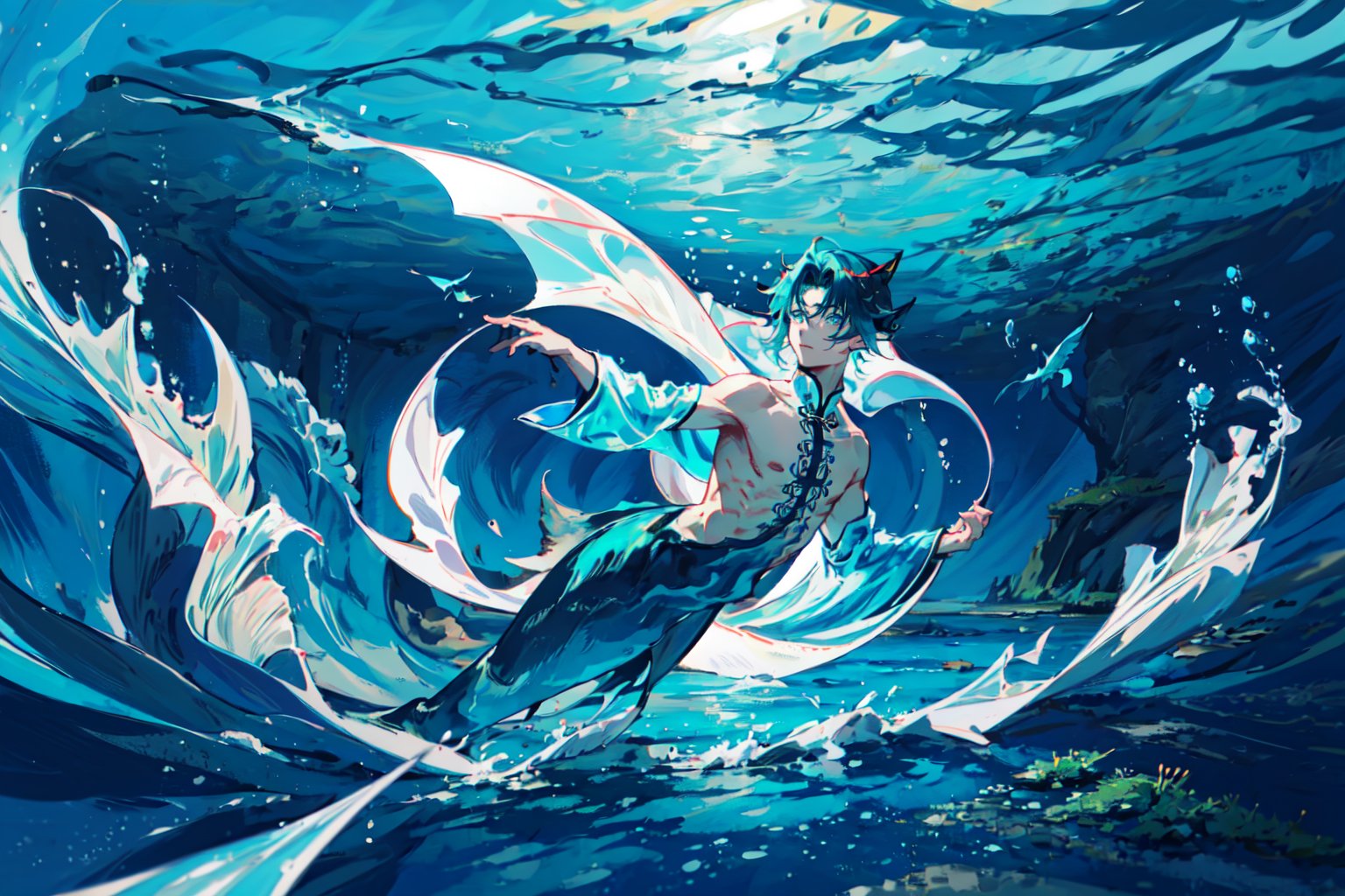 A young male Chinese merman is depicted in anime style, with beautiful big aqua ear fin, fins on limbs, long mermaid tail, blue eyes, blue long hair, peeking out from seaweed under the ocean, 3 little fish swimming around him,no_humans,Detailedface,scenery