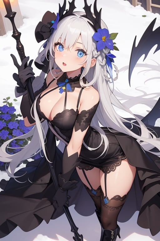 extra detailed, detailed anatomy, detailed face, detailed eyes, 1 girl, black gothic dress, blue lace, blue eyes, white hair, russian braid hairstyle, standing, long gloves, black boots, night time, chapel, blue flowers , open long skirt,