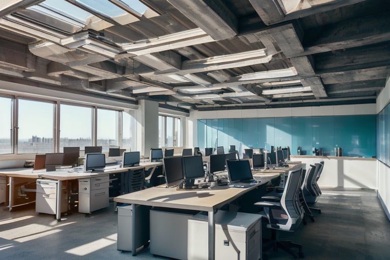 photorealistic, masterpiece, best quality, raw photo, interior of office, wide camera, technology company, futuristic style, flat white ceiling, blue and white color tone, glasses wall, warm sun,brutaltech