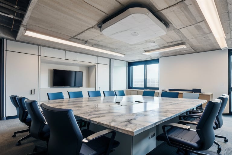 photorealistic, masterpiece, best quality, raw photo, interior of office meeting room, wide camera, marble top table, Large TV wall mounted, technology company, futuristic style, flat white ceiling, blue and white color tone, glasses wall, warm sun,neotech,brutaltech