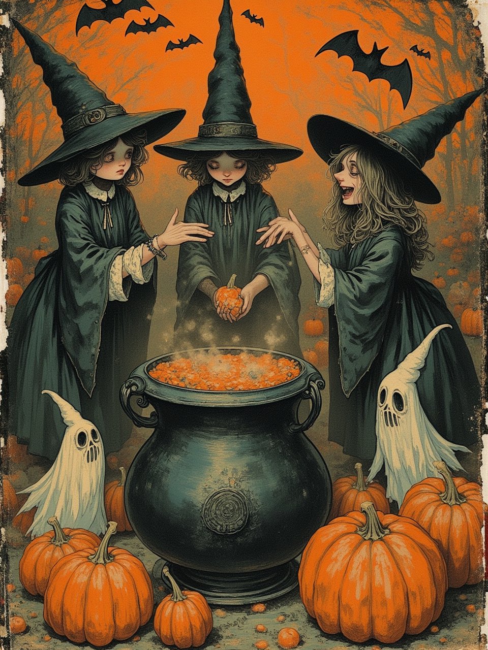 3 witches, cauldron, OldHalloweenCards, goofy, strange, weird, dozens of pumpkins, ghosts, flying bats,, kitsch, Halloween, 1900s postcard, wrinkled, bent, fold marks, small tears, old, poor condition