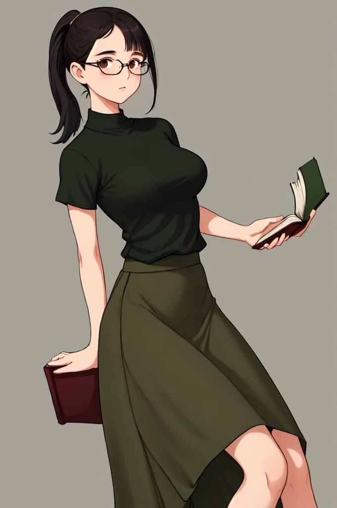 beautifull girl, medium black hair, ponytail, brown eyes, half body image , wearing a dark green shirt ,neat clothes, long skirt , blank background  , glasses ,medium_breasts , bangs , bring a book