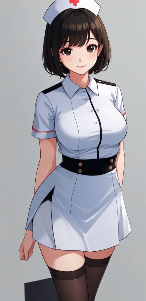 Beautiful one girl, medium_breasts, wearing nurse uniform, plain blank background , half_body image,  ,short balck hair, black eyes , half body image  , smile , standing , nurse_outfit , medium skirt