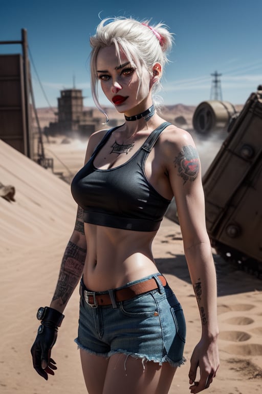 anarchic punk heroine Tank_Girl, big breasts, white hair, neon pink lipstick, tattoos, denim hot pants, tank_top, in the style of Jamie Hewlett, attack on titan, dystopian, desert scene, steam punk, 