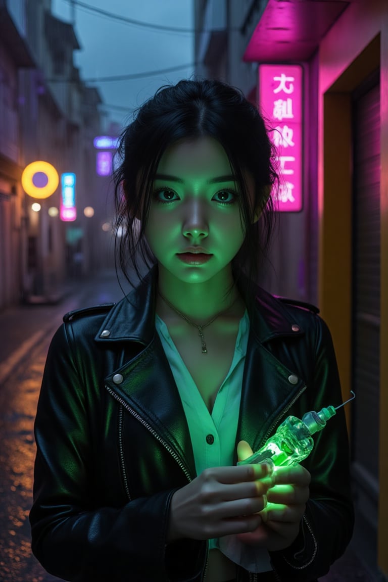 BeNhi,In a dimly lit alleyway, a young woman stands with an air of defiance, her striking emerald eyes glinting with determination. She wears a sleek, black leather jacket that clings to her, concealing beneath it various intricately designed vials filled with a vibrant, shimmering green liquid—her deadly venom. The soft drizzle of rain creates a rhythmic patter, enhancing the tension in the air, while the flickering neon lights from nearby signs cast a surreal, kaleidoscopic glow on her pale skin. 

Violet clouds loom overhead, threatening a tempest, mirroring the brewing conflict within her. As she grips a delicate syringe, her slender fingers tremble slightly, hinting at a mix of excitement and fear. The scent of wet asphalt mingles with the sharp tang of her venom, an intoxicating potion born from ancient secrets and modern science. A stray cat scurries past her feet, its fur damp and matted, hinting that danger lurks around every corner; echoes of distant sirens create a haunting melody that follows her every move. 

With a steely resolve, she prepares to unleash her lethal creation, casting a wary glance down the shadowy path, aware that every choice she makes could tip the balance between life and death. The atmosphere is thick with anticipation as the world waits for her next move, and the rain begins to fall harder, drumming a fervent beat that matches her pounding heart.,Vshorror,Enhanced all,