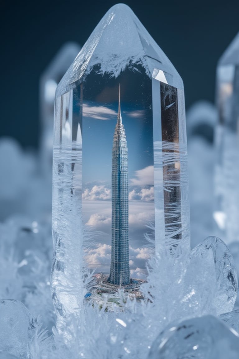 An extremely detailed and hyper realistic Macro view of an ice crystal, revealing a miniature Bank of China Tower, Hongkong hidden inside its structures,Frozen in time