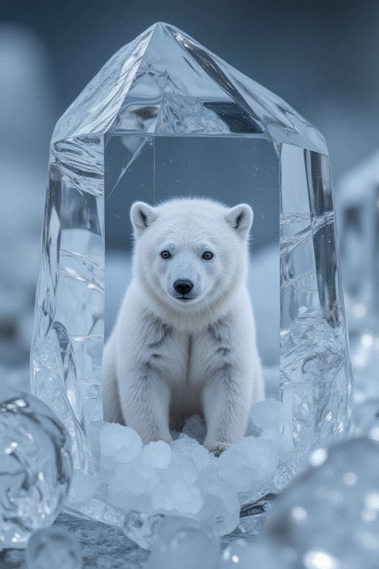 An extremely detailed and hyper realistic Macro view of an ice crystal, revealing a baby Polar Bear hidden inside its structures,Frozen in time