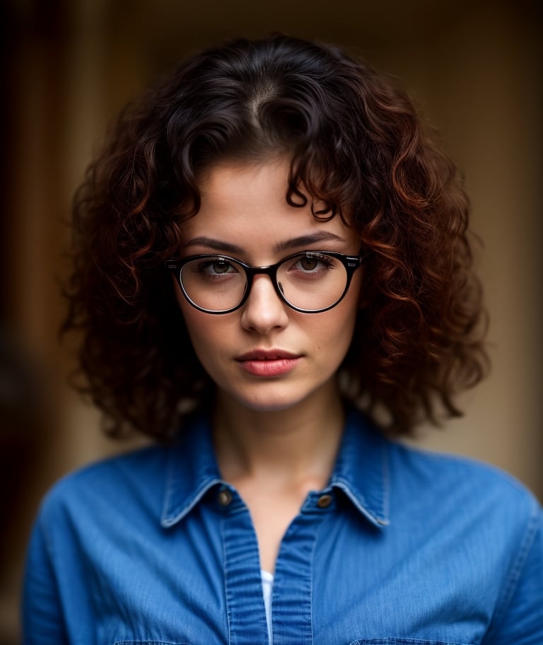 a woman with glasses is posing for a picture, red hair and attractive features, denim, photorealistic, portrait hd, (dark shorter curly hair), Turkish and Russian, hipster, girl, pixie,Masterpiece,portraitHD,photorealistic