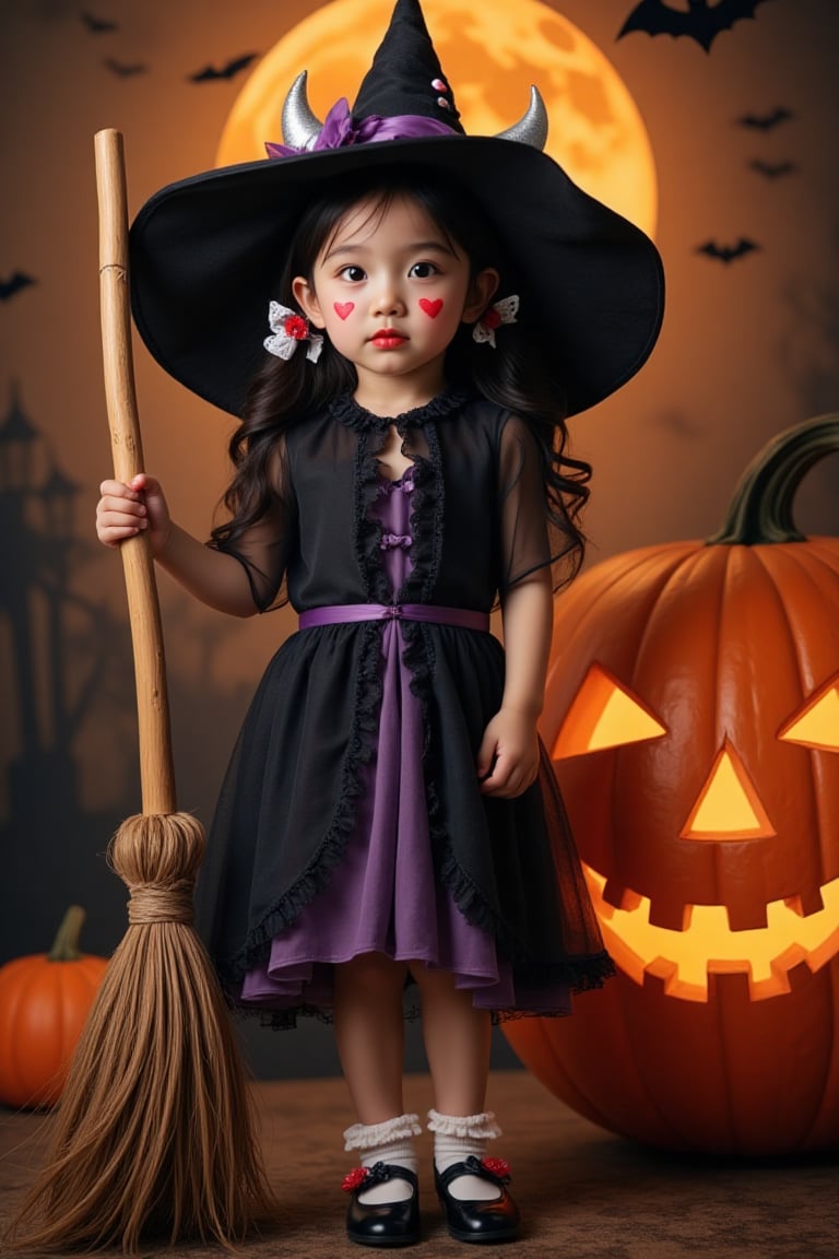 Cute Halloween witch portrait, young Asian girl, Front view. Black and purple witch dress with frilly details. Large black witch hat with silver horns and purple ribbon. Long wavy black hair with small white and red hair clips. Bright red lipstick, cute heart face decorations. White ruffle socks with black bows, black mary jane shoes. Props: traditional wooden broomstick, large orange jack-o'-lantern with glowing carved face. Background: warm golden lighting, full moon, flying bats silhouettes, Halloween decorations. Studio photography style, soft dramatic lighting, high quality, detailed,Outfit_cute