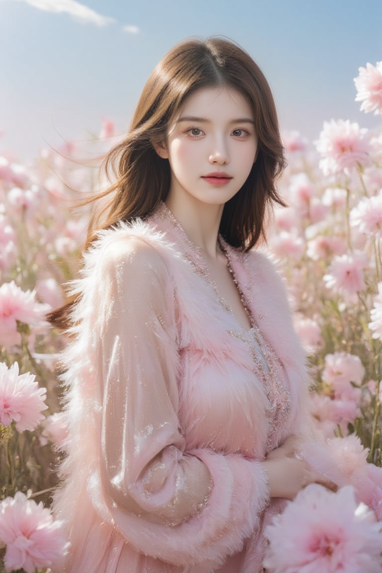 pink_flower_meadow, Portrait of a figure in a field of fluffy, soft pink flowers, surrounded by vibrant, billowing petals that create a dreamy atmosphere. The setting is an ethereal landscape under a clear, sunny sky, with soft clouds adding to the serene vibe. The figure is wearing a delicate, feathery garment in shades of pastel pink, adorned with sparkling embellishments that catch the light. Hair flows gently in the breeze, blending harmoniously with the floral surroundings. The overall aesthetic is hyperrealistic, capturing the intricate details of the flowers and the texture of the fabric, with a color palette dominated by soft pinks, whites, and gentle hints of blue from the sky, creating a whimsical and romantic mood,Enhanced all