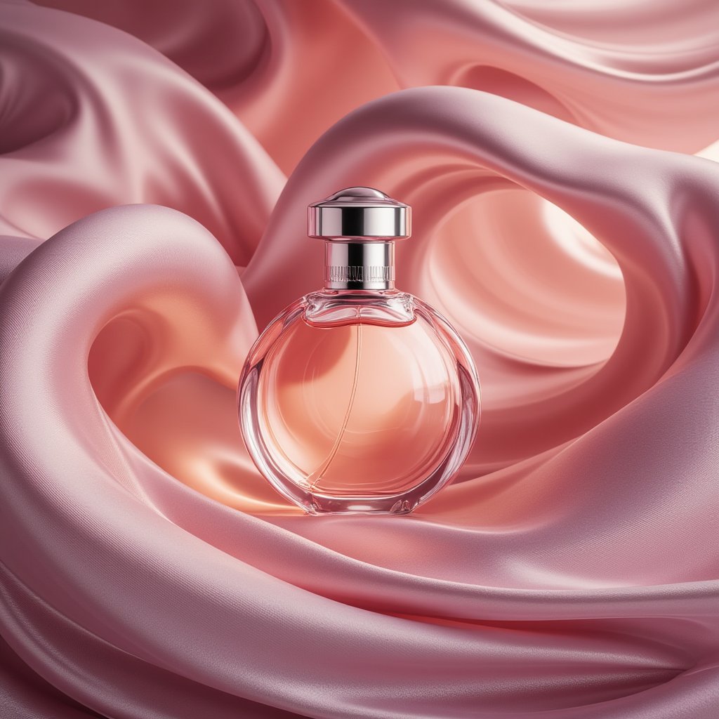 Elegant and modern perfume ad with a silk texture background,PFproduct