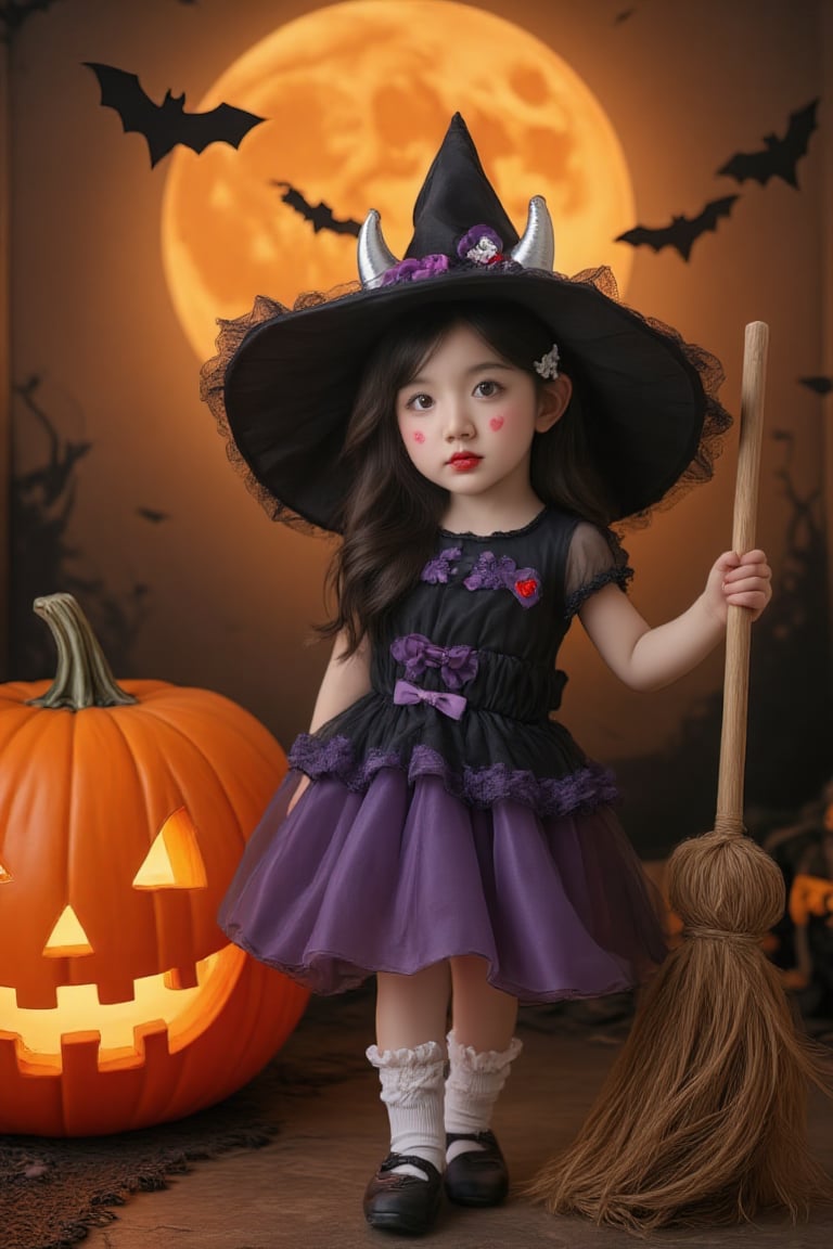 Cute Halloween witch portrait, young Asian girl, Front view. Black and purple witch dress with frilly details. Large black witch hat with silver horns and purple ribbon. Long wavy black hair with small white and red hair clips. Bright red lipstick, cute heart face decorations. White ruffle socks with black bows, black mary jane shoes. Props: traditional wooden broomstick, large orange jack-o'-lantern with glowing carved face. Background: warm golden lighting, full moon, flying bats silhouettes, Halloween decorations. Studio photography style, soft dramatic lighting, high quality, detailed,smoke visualization,Yade10,Enhanced all,BeNhi,Outfit_cute