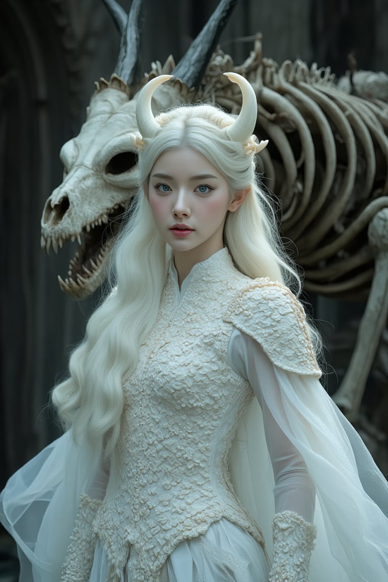 BeNhi,Hyperrealistic photo of a Korean woman in a fantastical, shadowy setting. The woman has very long, white hair, with a wavy texture. Her hair is adorned with ivory horn-like protrusions, giving her an otherworldly appearance. She wears a very elaborate ivory costume that combines elements of armor and dress. The costume has intricate, textured patterns, with structured shoulder pads and long sleeves. The design of the costume suggests scales or organic motifs. She is standing diagonally to the viewer. The background is dark and menacing, dominated by what appears to be a huge dragon skull and its skeleton. This skull has long, sharp horns, and takes up much of the background, creating a dramatic contrast with the white figure in the foreground. The woman's facial expression is intense and determined, with bright blue eyes that stand out against the overall paleness of the image. Shot on a Canon EOS R, --v 6 --ar 9:16 --stylize 750, photorealistic, UHD, 16K., dark fantasy, vibrant, fashion,Vshorror,Enhanced all,