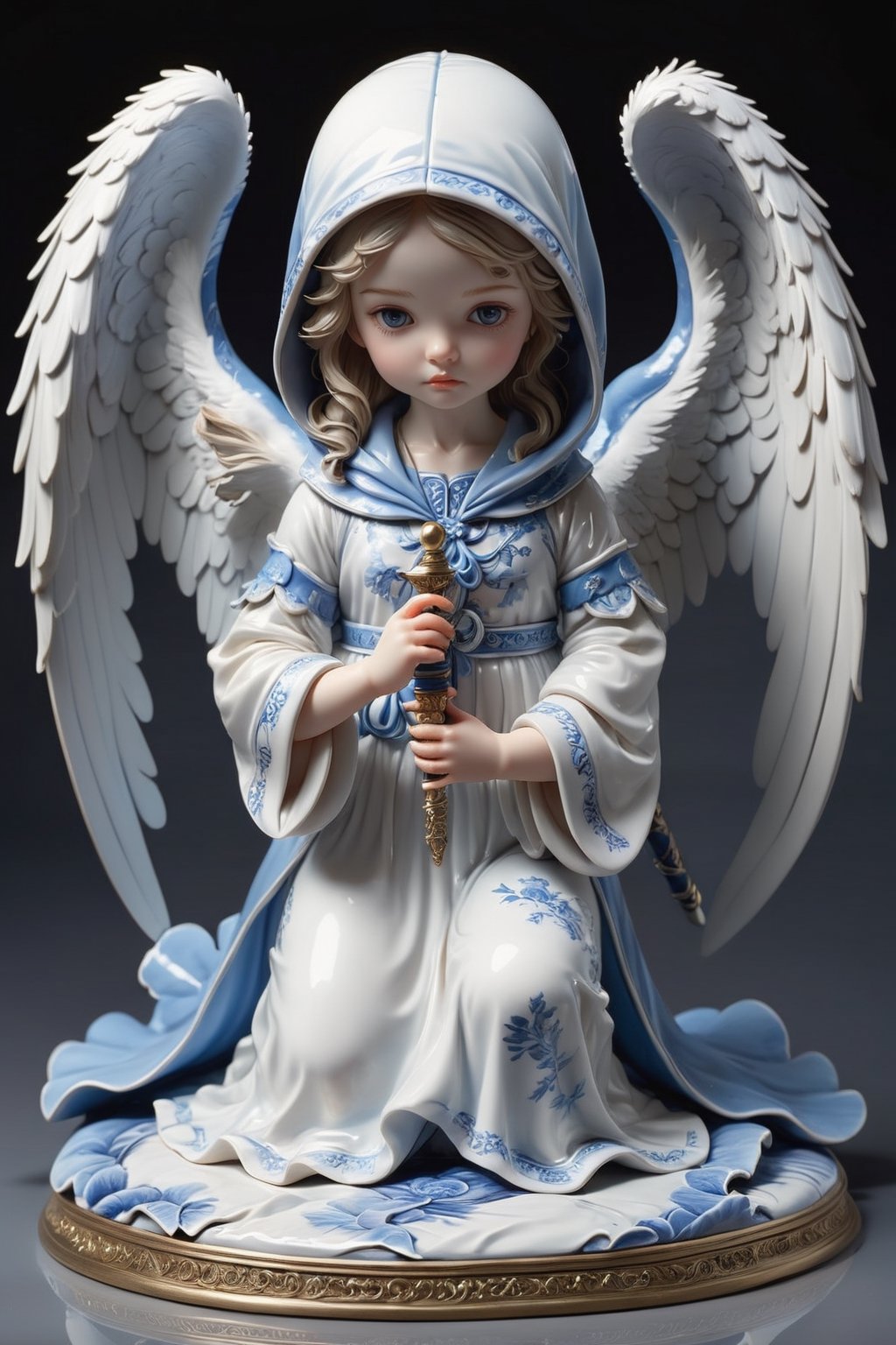 1girl figure of an angel in a hood, down on one knee, with one hand resting his fingers on the ground, with the other hand holding the hilt of a sword stuck in the ground on the royal background. The gaze is directed into the distance. The wings are folded behind the back. The figure is made of white and blue porcelain,3d isometric,BookScenic,