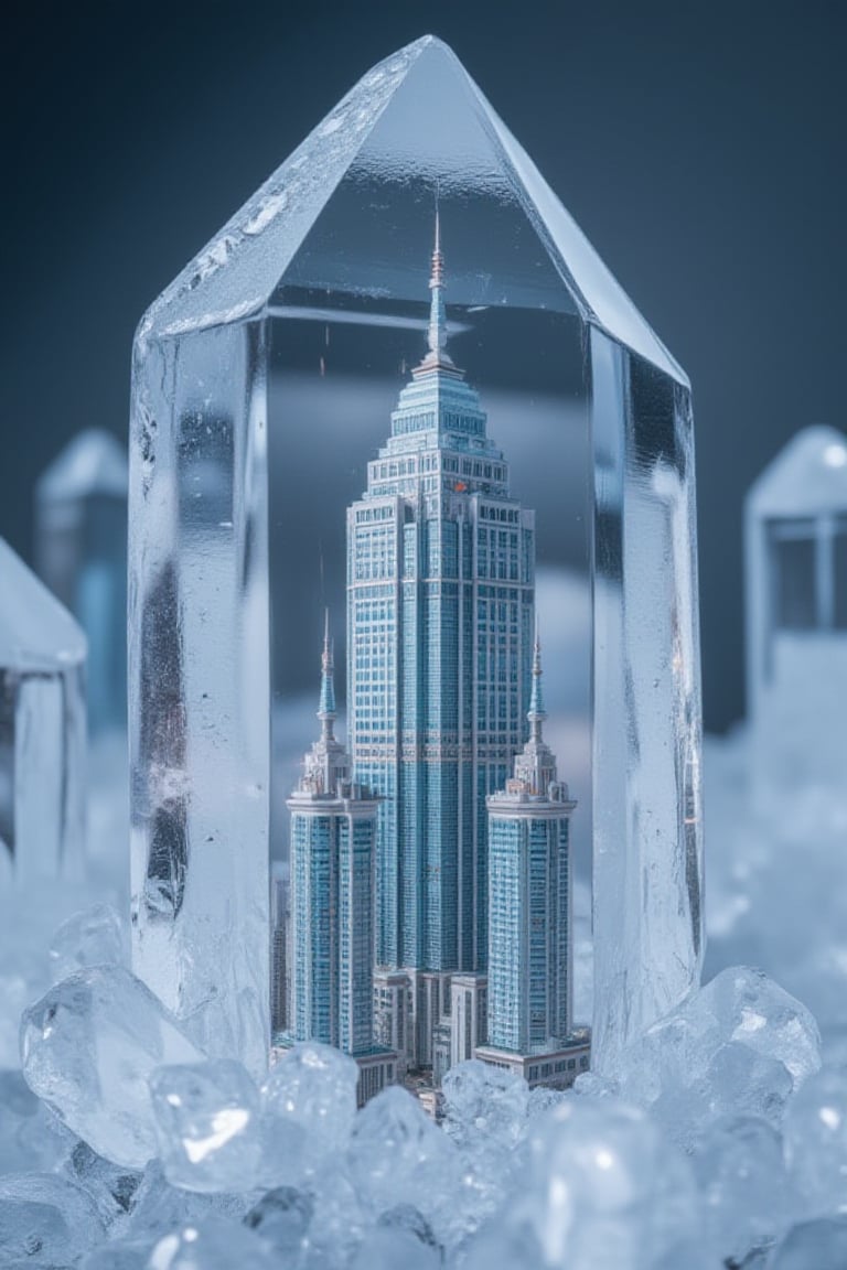 An extremely detailed and hyper realistic Macro view of an ice crystal, revealing a miniature Bank of China Tower, Hongkong hidden inside its structures,Frozen in time