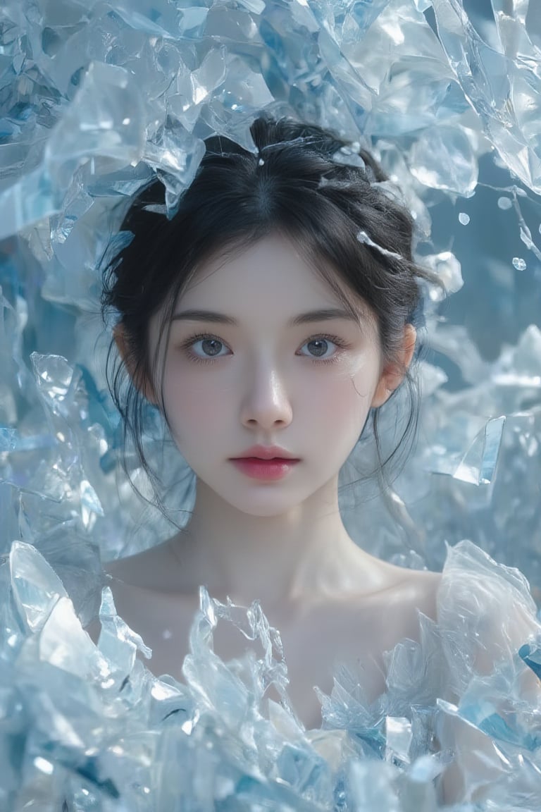 BeNhi, A serene and ethereal scene with a figure surrounded by floating shards of crystal-like fragments, creating a dreamlike atmosphere. The setting is softly illuminated, with glimmers of light reflecting off the shards, casting a delicate sparkle throughout the image. The colors are predominantly silver and translucent blues, contrasting against the soft skin tones of the figure. The aesthetic is hyperrealistic, emphasizing intricate details such as the texture of the hair, the sheen of the skin, and the delicate nature of the crystalline shards. The background fades into a soft blur, enhancing the focus on the figure and the magical elements surrounding them. The overall mood is enchanting and surreal, evoking a sense of wonder and tranquility.,Enhanced all,crystal_cave_model