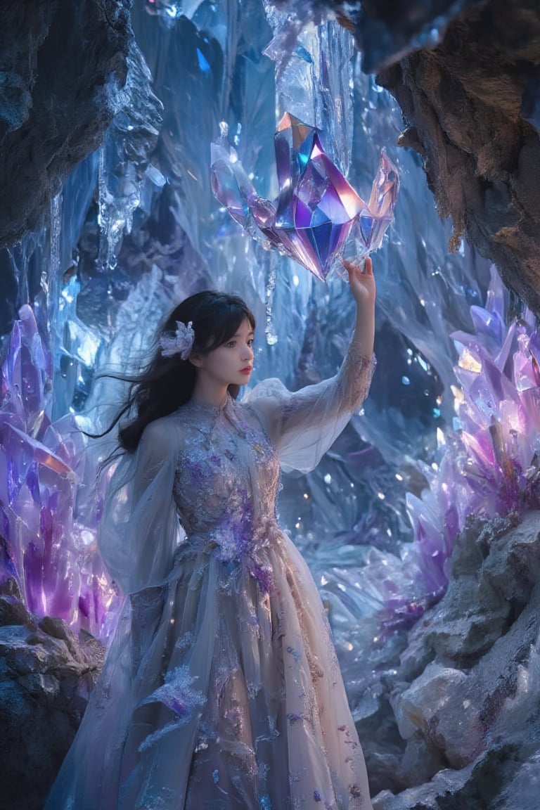 BeNhi, In a mesmerizing crystal cave, a solitary girl stands at the center, her expression a mix of wonder and awe. The cavern walls glisten with an array of vibrant crystals, reflecting hues of deep blues, radiant purples, and sparkling silvers, casting ethereal light across the space. The girl, adorned in a flowing, iridescent gown that mirrors the colors of the crystals around her, lifts her delicate hand to touch one of the larger formations. 

As her fingers brush against the smooth, cool surface, a gentle hum resonates through the air, harmonious and soothing, making her heart race with excitement. The atmosphere is filled with a lingering scent of damp earth and a hint of floral notes, amplifying the magical ambiance. 

Dimly lit by the natural glow of the crystals, the cave stretches into shadows, where mysterious shapes and glints of hidden treasures peek out, fiery orange stones shimmering faintly in the background. Tiny, glowing sprites flit around her, leaving trails of sparkling light in their wake, while the soft drip of water echoes in the stillness, creating a serene background melody. 

The girl's wide eyes capture the enchantment of this otherworldly realm, a blend of curiosity and bravery as she embarks on a journey deeper into the heart of the cave, where secrets and magic await her.,Enhanced all,crystal_cave_model