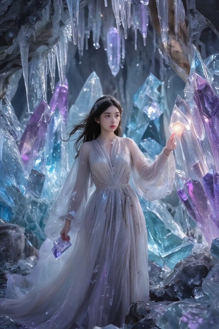 BeNhi, In a mesmerizing crystal cave, a young girl with flowing, chestnut hair stands at the heart of the cavern, her wide, curious eyes reflecting the kaleidoscope of colors around her. The walls shimmer with striking amethyst, sapphire, and emerald crystals, gleaming under the ethereal glow of bioluminescent fungi that cling to the rocky surface. Each step she takes sends tiny droplets of water cascading from above, creating a gentle symphony of soft splashes that dance through the air.

She wears a flowing, silvery robe that seems to capture and reflect the surrounding light, almost transforming her into a part of the enchanting landscape. The cool, damp air carries a hint of mineral freshness and an underlying sweetness, reminiscent of blooming flowers in spring. As she extends her hand towards a particularly large crystal, its surface sparkles with an inner light, and she feels a gentle warmth radiating from it, almost as if inviting her to connect.

Around her, mysterious shadowy figures flit in and out of sight, hinting at the presence of magical creatures watching her exploration. The atmosphere is filled with an exhilarating mix of wonder and cautious intrigue, as the girl is both awed and slightly apprehensive of the mesmerizing beauty enveloping her. Above her, the cavern’s ceiling is adorned with dazzling stalactites, resembling icicles, twinkling under a mystical glow, while faint echoes of soft melody seem to emerge from the depths of the cave, enhancing the surreal ambiance of this fantastical realm,Enhanced all,crystal_cave_model