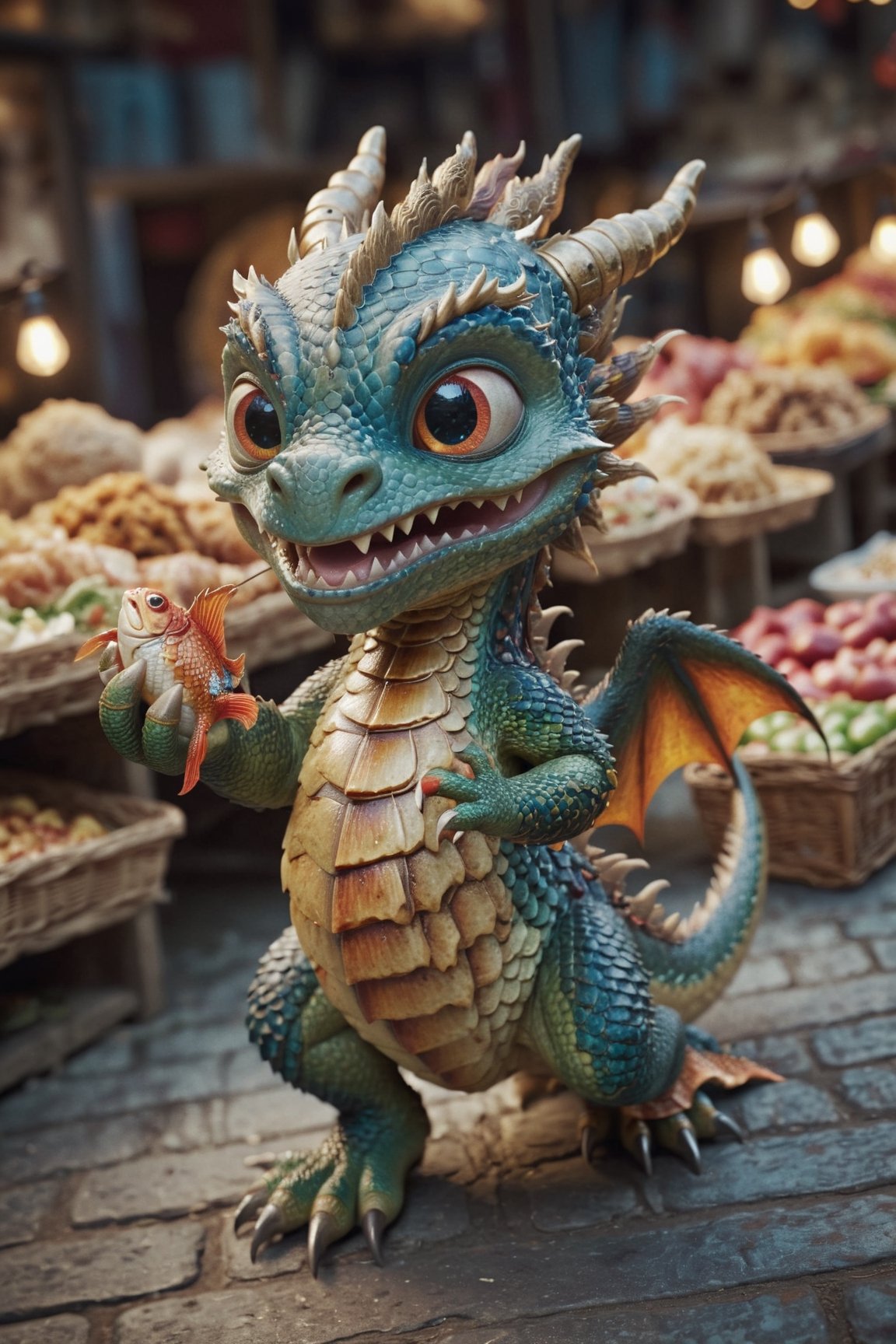 Cinematic still of a dragon holding fish with paws, funny face,  running away in a market. Shallow depth of field, vignette, highly detailed, high budget, bokeh, Cinemascope, moody, epic, gorgeous, film grain, grainy
,a cute dragon,more detail XL