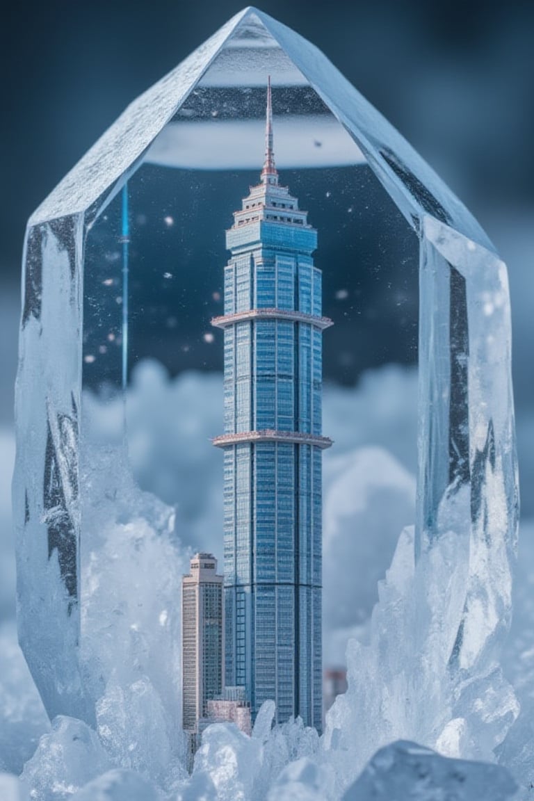 An extremely detailed and hyper realistic Macro view of an ice crystal, revealing a miniature Bank of China Tower, Hongkong hidden inside its structures,Frozen in time