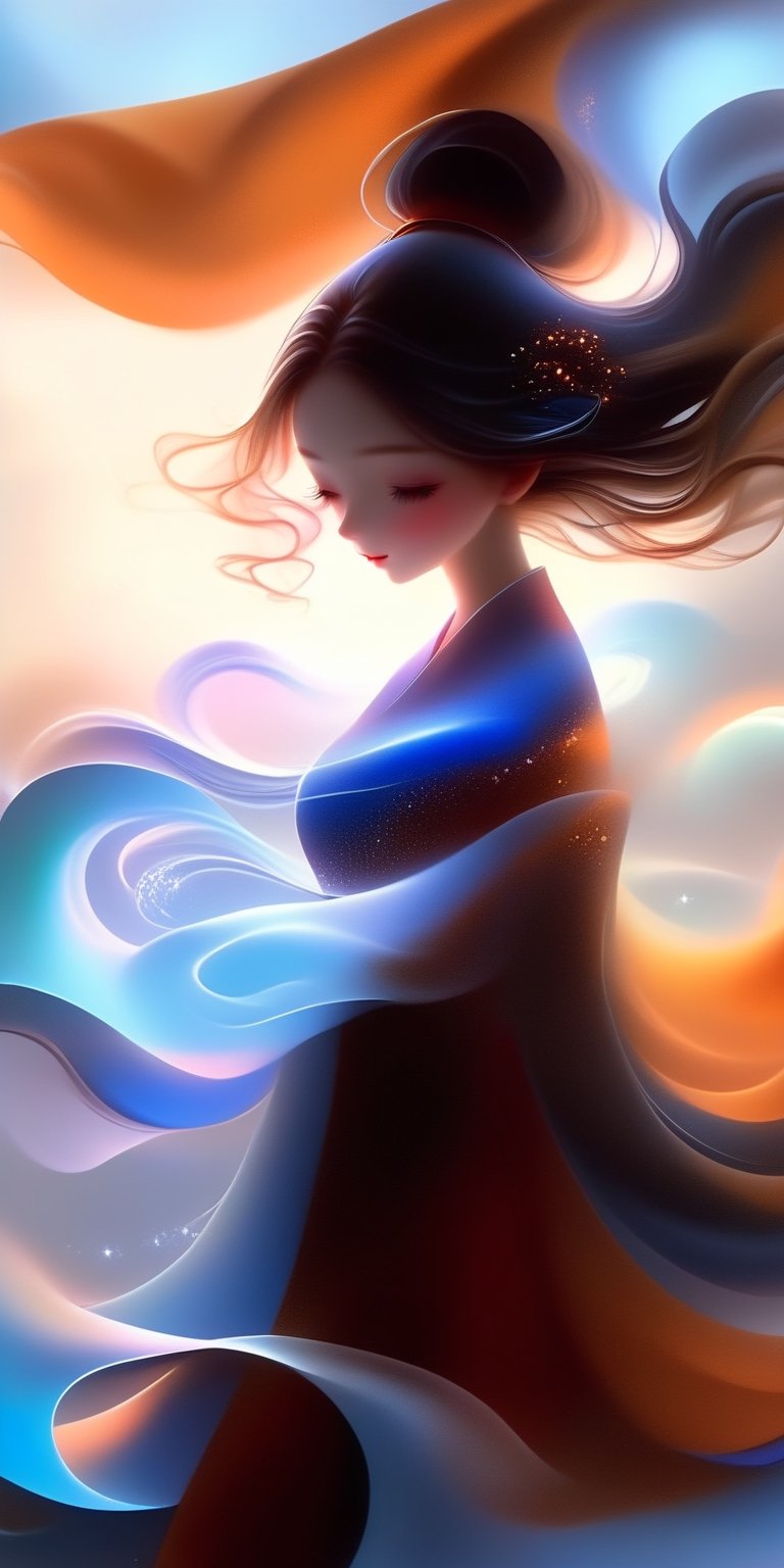 1girl, Airbrushing (Beautiful mystical allure) long swirling hair, smart, environment, Using airbrushing for art, often for smooth gradients, spray effects, or automotive art,1 girl,anime,minimalist hologram