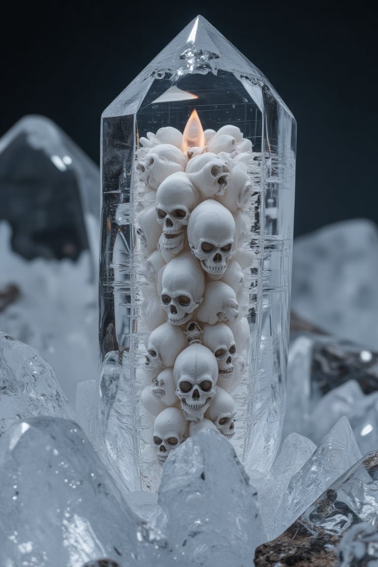 An extremely detailed and hyper-realistic Macro view of an ice crystal, revealing a candle has a well-detailed sculpture in wax of many skulls. hidden inside its structures, Enhanced all, Frozen in time