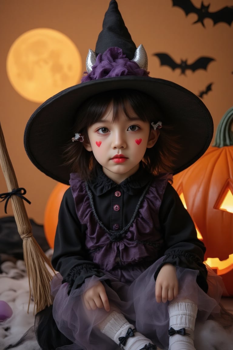 Outfit_cute. Cute Halloween wizard portrait, young Asian boy, sitting pose. Black and purple wizard outfit with frilly details. Large black wizard hat with silver horns and a purple ribbon. Short wavy black hair with small white and red hair clips. Bright red lipstick, cute heart face decorations. White ruffle socks with black bows, black mary jane shoes. Props: traditional wooden broomstick, large orange jack-o'-lantern with a glowing carved face. Background: warm golden lighting, full moon, flying bats silhouettes, Halloween decorations. Studio photography style, soft dramatic lighting, high quality, detailed.,smoke visualization,Enhanced all,Makar_Permakov,