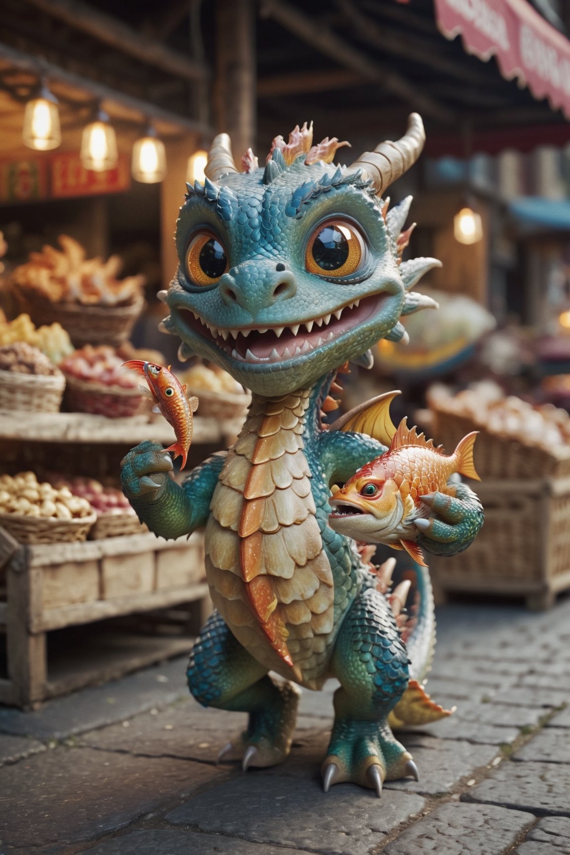 Cinematic still of a dragon holding fish with paws, funny face,  running away in a market. Shallow depth of field, vignette, highly detailed, high budget, bokeh, Cinemascope, moody, epic, gorgeous, film grain, grainy
,a cute dragon,more detail XL