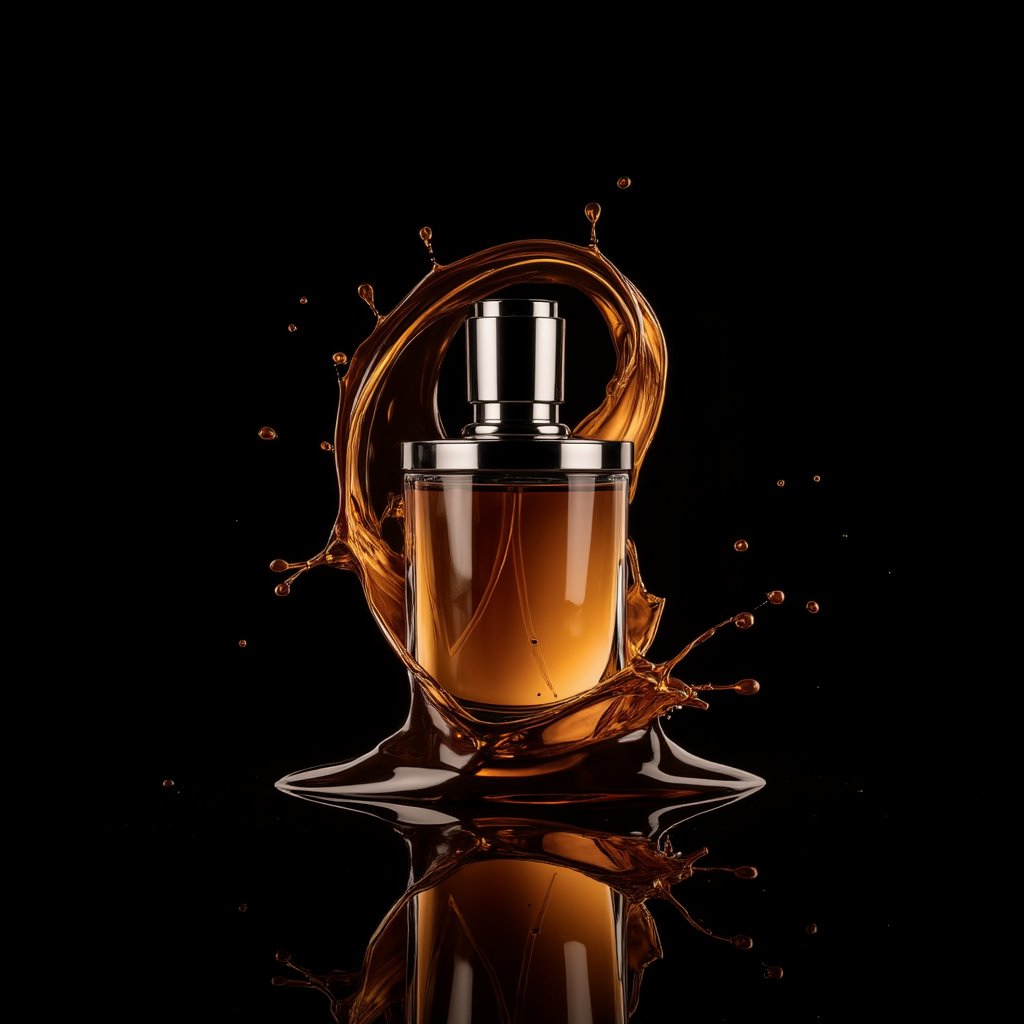 High-end perfume bottle with golden liquid splash on a black background,PFproduct