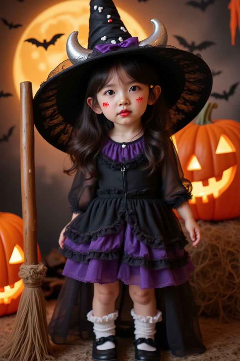 Cute Halloween witch portrait, young Asian girl, Front view. Black and purple witch dress with frilly details. Large black witch hat with silver horns and purple ribbon. Long wavy black hair with small white and red hair clips. Bright red lipstick, cute heart face decorations. White ruffle socks with black bows, black mary jane shoes. Props: traditional wooden broomstick, large orange jack-o'-lantern with glowing carved face. Background: warm golden lighting, full moon, flying bats silhouettes, Halloween decorations. Studio photography style, soft dramatic lighting, high quality, detailed,Outfit_cute