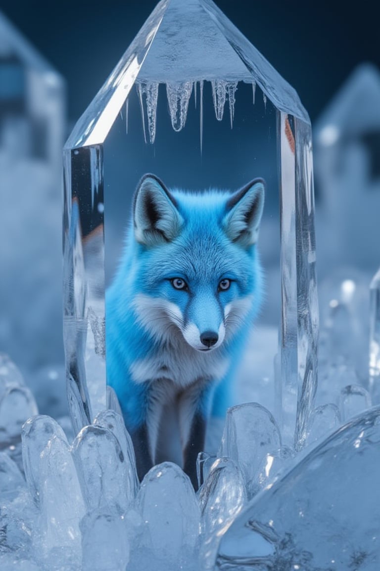 An extremely detailed and hyper realistic Macro view of an ice crystal, revealing a blue fox hidden inside its structures,Frozen in time