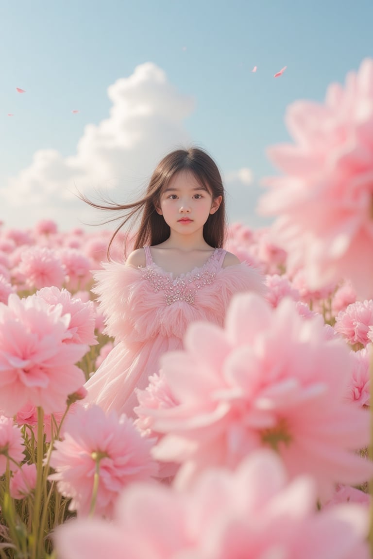 pink_flower_meadow, Portrait of a little girl in a field of fluffy, soft pink flowers, surrounded by vibrant, billowing petals that create a dreamy atmosphere. The setting is an ethereal landscape under a clear, sunny sky, with soft clouds adding to the serene vibe. The girl is wearing a delicate, feathery dress in shades of pastel pink, adorned with sparkling embellishments that catch the light. Her hair flows gently in the breeze, blending harmoniously with the floral surroundings. The overall aesthetic is hyperrealistic, capturing the intricate details of the flowers and the texture of the fabric, with a color palette dominated by soft pinks, whites, and gentle hints of blue from the sky, creating a whimsical and romantic mood.,Enhanced all,Asian