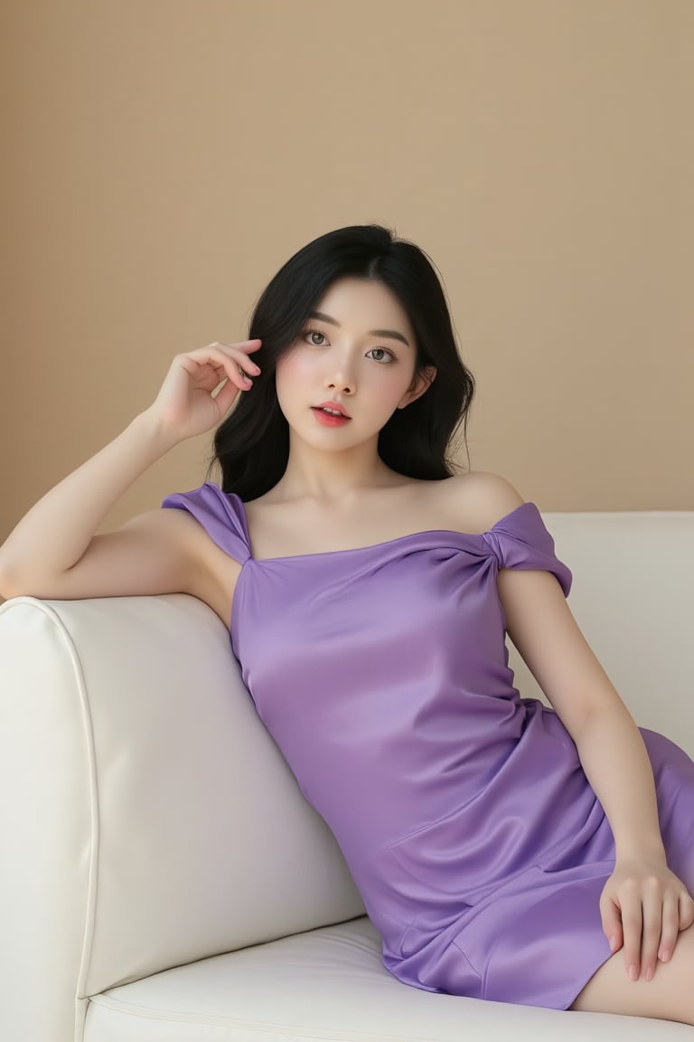 BeNhi, A photo-realistic 16K image of a glamorous Korean woman in a purple, shiny, satin, short dress, reclining on a white couch or sofa. She has long dark hair and is looking directly at the camera with a confident expression. The setting appears to be a minimalist, high-fashion photoshoot. The background is a soft beige tone. Shot with a 100mm lens. life-life. Cinematic lighting. Photographed by Tim Walker. Trending on 500px --ar 4:5 --v 5 --s 50,Enhanced all