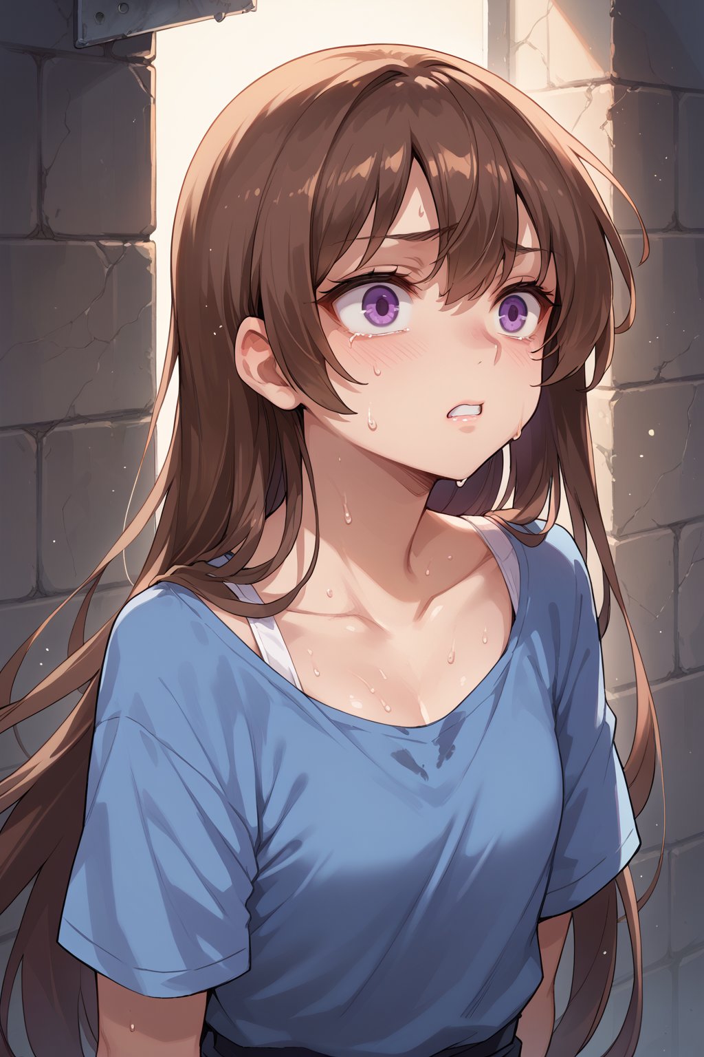 collarbone,
1girl,sweat,score_9,score_8_up,score_7_up,source_anime,BREAK,brown hair, very long hair, purple eyes