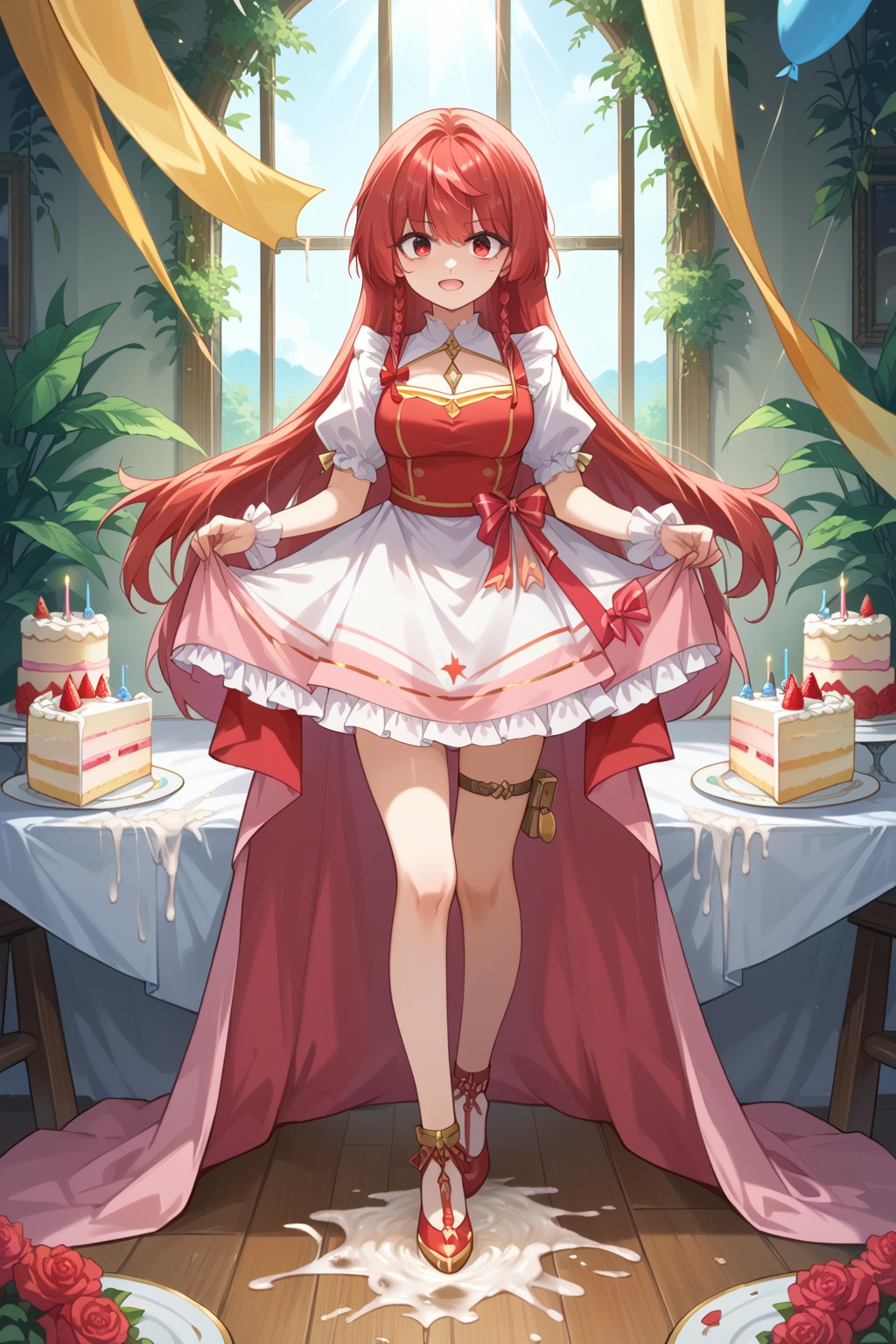 1girl, holds a plate with a birthday anniversary cake. The cake has big-sized,natural light,light rays,birthdays, birthday cake, dress, thighighs, leg strip,full body,
score_9,score_8_up,score_7_up,source_anime,BREAK,excessive cum,vary long hair, red hair, red eyes, braid