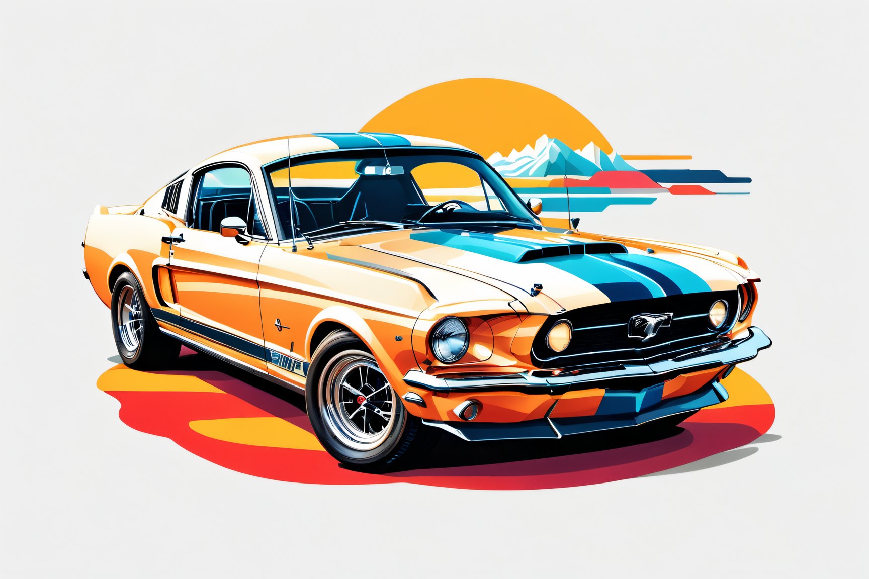 artwork of t-shirt graphic design, flat design of one retro ,retro car ,colorfull shades, highly detailed clean, vector image, photorealistic masterpiece, professional photography, simple sunrise backdrop , flat white background, isometric, vibrant vector((white background)),americal mucle car, mustang GT500