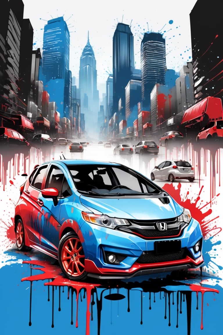 bits of color, hand drawn, realistic sketch, Rough sketch, splash art, dripping ink, bold lines, Artwork of T-shirt design,1 pimp glossy blue,red honda jazz RS sport car, highway, skyscrapers, sunrise, flat illustration, vibrant vector, vector image, vintage drawing, white background, 8k