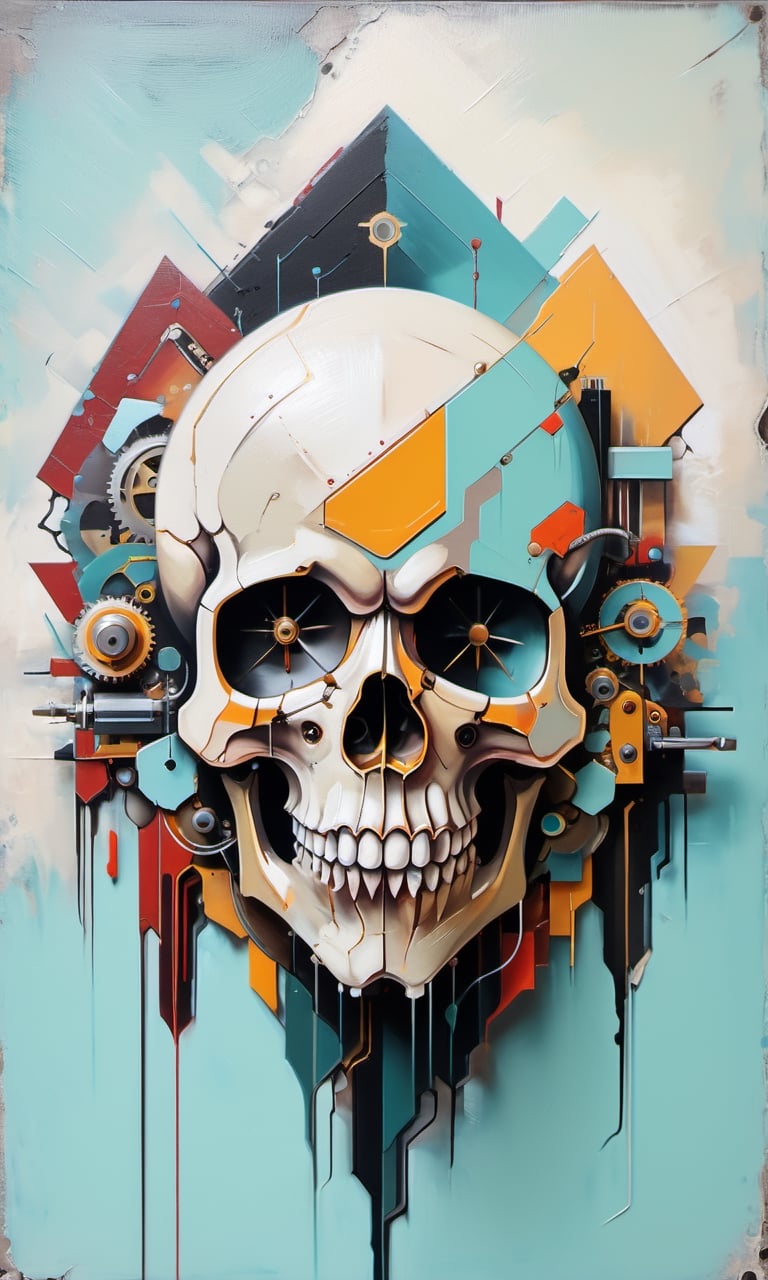 4k acrylic abstract electro skull mechanism art on canvas with brush textures depicting mid century shapes with textured layered details, trending on artstation