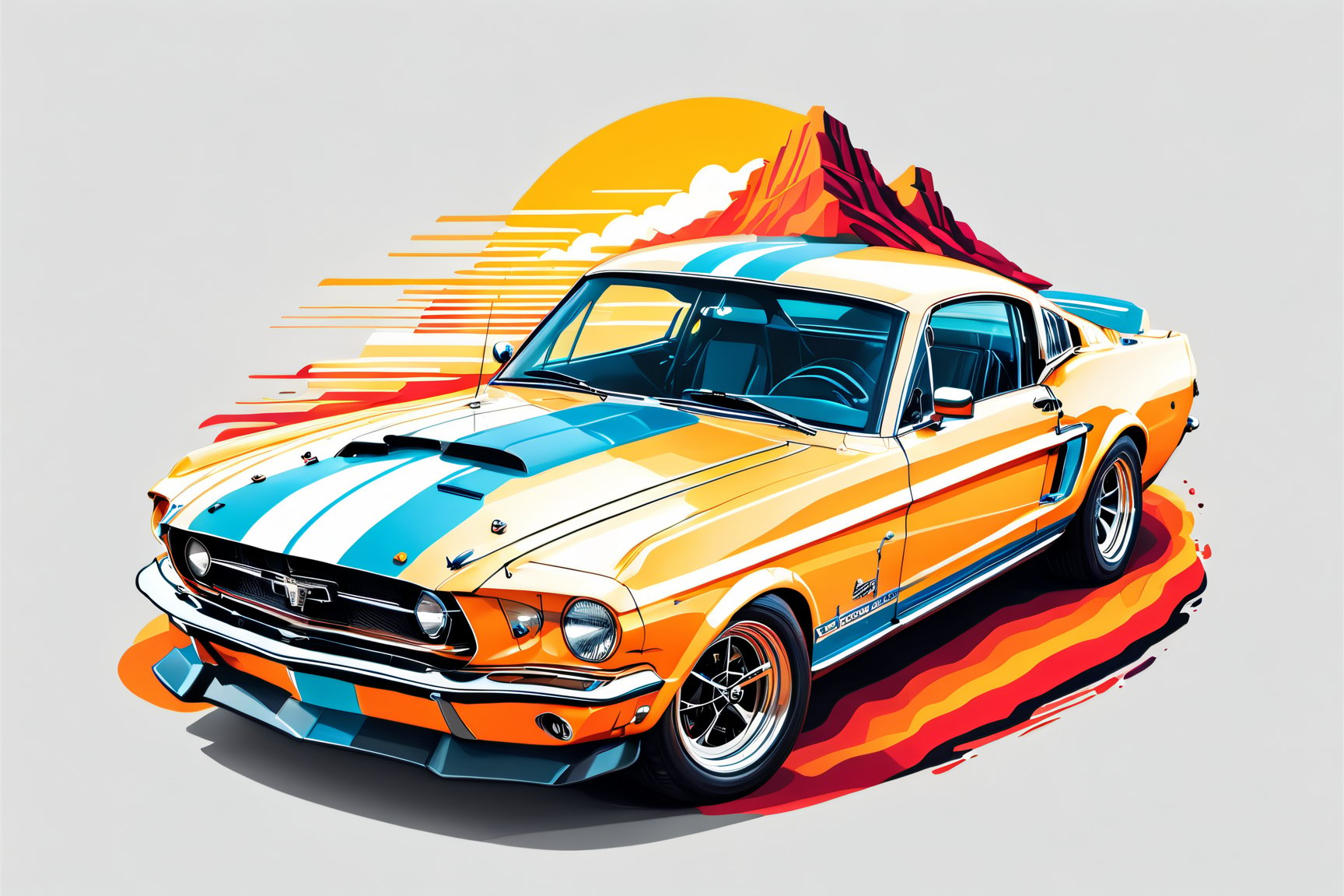 artwork of t-shirt graphic design, flat design of one retro ,retro car ,colorfull shades, highly detailed clean, vector image, photorealistic masterpiece, professional photography, simple sunrise backdrop , flat white background, isometric, vibrant vector((white background)),americal mucle car, mustang GT500