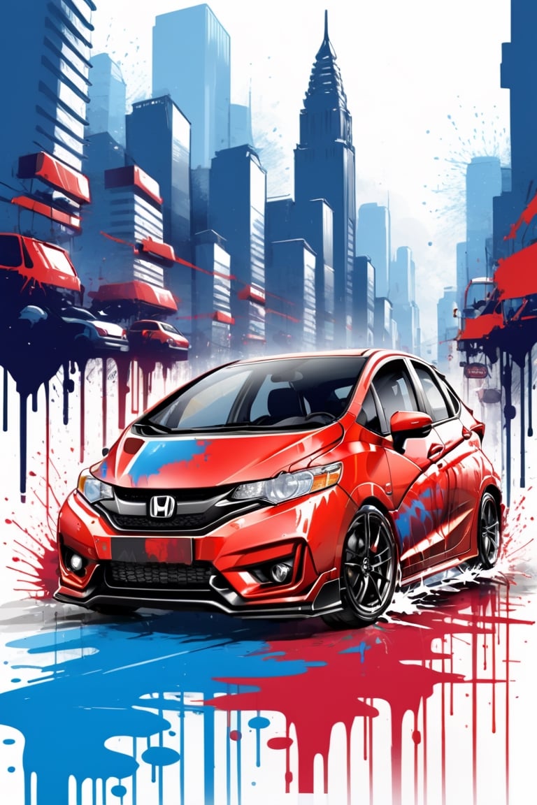 bits of color, hand drawn, realistic sketch, Rough sketch, splash art, dripping ink, bold lines, Artwork of T-shirt design,1 pimp glossy blue/red honda jazz RS sport car, highway, skyscrapers, sunrise, flat illustration, vibrant vector, vector image, vintage drawing, white background, 8k