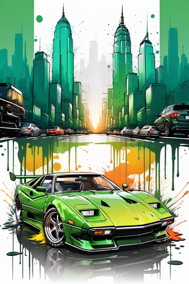 bits of color, hand drawn, realistic sketch, Rough sketch, splash art, dripping ink, bold lines, Artwork of T-shirt design, green sport car, highway, skyscrapers, sunrise, flat illustration, vibrant vector, vector image, vintage drawing, white background, 8k