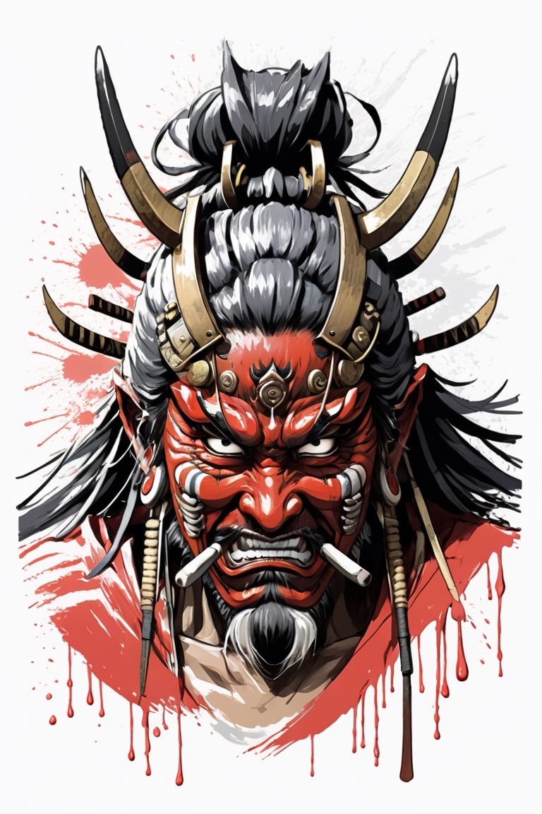 bits of color, hand drawn, realistic sketch, Rough sketch, splash art, dripping ink, bold lines, Artwork of T-shirt design, close-up portrait of an ancient samurai oni, wear battle mask, japan old flag, in a perfect circle shape, flat illustration, vibrant vector, vector image, vintage drawing, white background, 8k