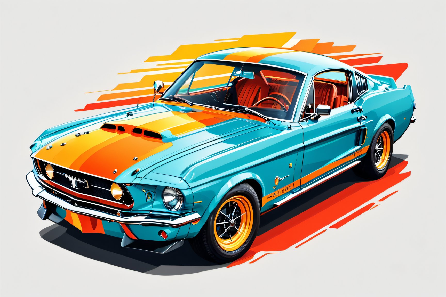 artwork of t-shirt graphic design, flat design of one retro ,retro car ,colorfull shades, highly detailed clean, vector image, photorealistic masterpiece, professional photography, simple sunrise backdrop , flat white background, isometric, vibrant vector((white background)),americal mucle car, mustang GT500