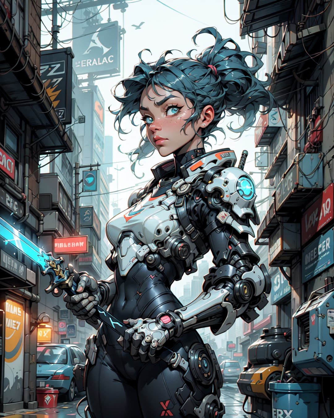 [ grimes in medieval cyberpunk armor ]! holding a [ sword in her hand ]! looking out into the [ futuristic cyberpunk city ]!, digital art! style, trending on [ artstation ]!, 4 k, cgsociety contest winner, award winning, neon! lighting, neon subsurface scattering!!, intricate, detailed, volumetric lighting!, face the viewer,color full armor, splash art