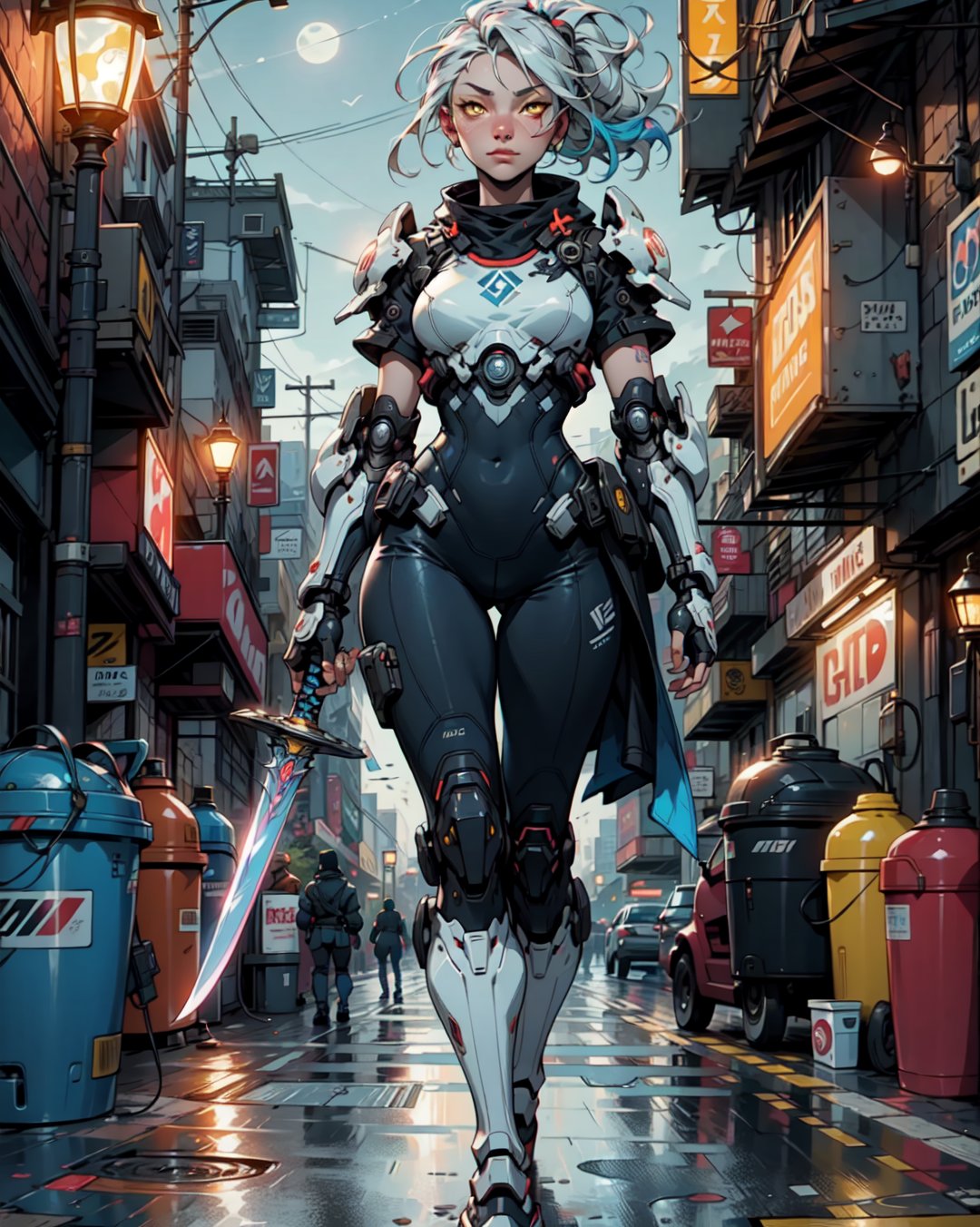 [ grimes in medieval cyberpunk armor ]! holding a [ sword in her hand ]! looking out into the [ futuristic cyberpunk city ]!, digital art! style, trending on [ artstation ]!, 4 k, cgsociety contest winner, award winning, neon! lighting, neon subsurface scattering!!, intricate, detailed, volumetric lighting!, face the viewer,colorful armor, splash art, white skin, with sword, yellow eyes, night life, holding a sword, stars, street lights, full_body,can see the moons, led light on the signs, colorful street, new york,walking pose,samurai sword,slender body, fit,, planets