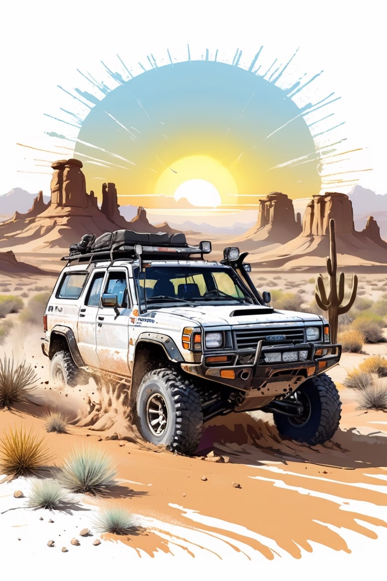 Centered image, bits of color, hand drawn, realistic sketch, Rough sketch, bold lines, splash art, Artwork of T-shirt design, white background, offroad vehicle, desert, sunrise, flat illustration, high contrast, vibrant vector, vector image, 8k